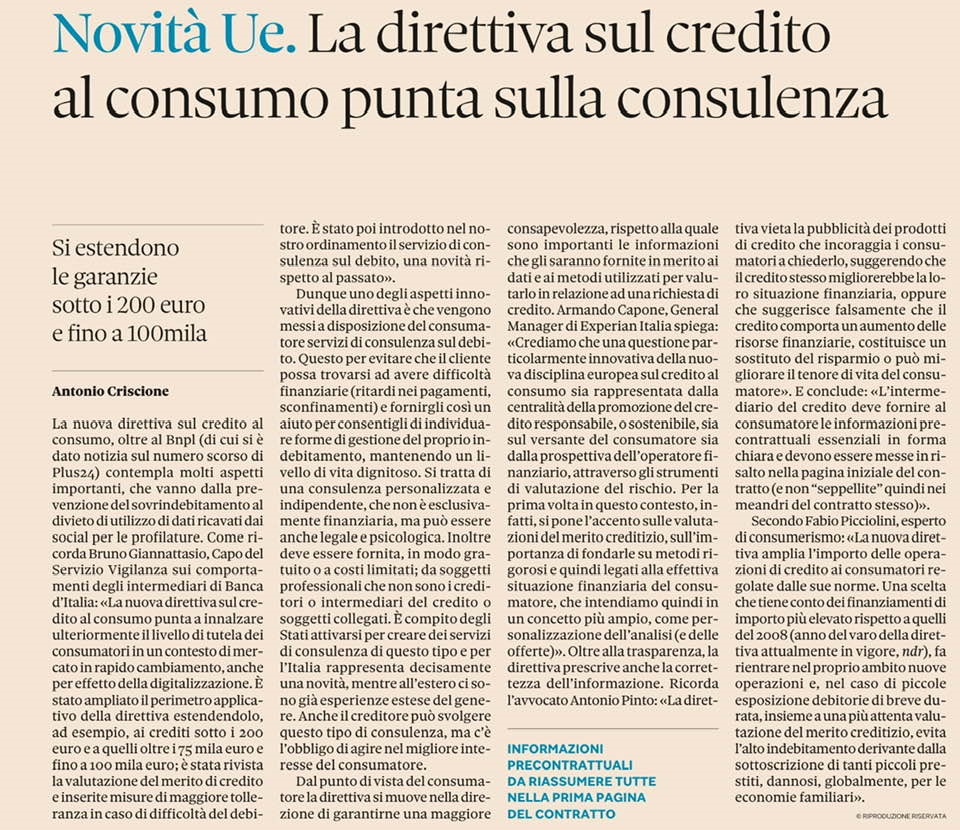 Antonio Pinto intervistato dal Sole24Ore sulla nuova Direttiva UE che rafforza le tutele per il credito al consumo.