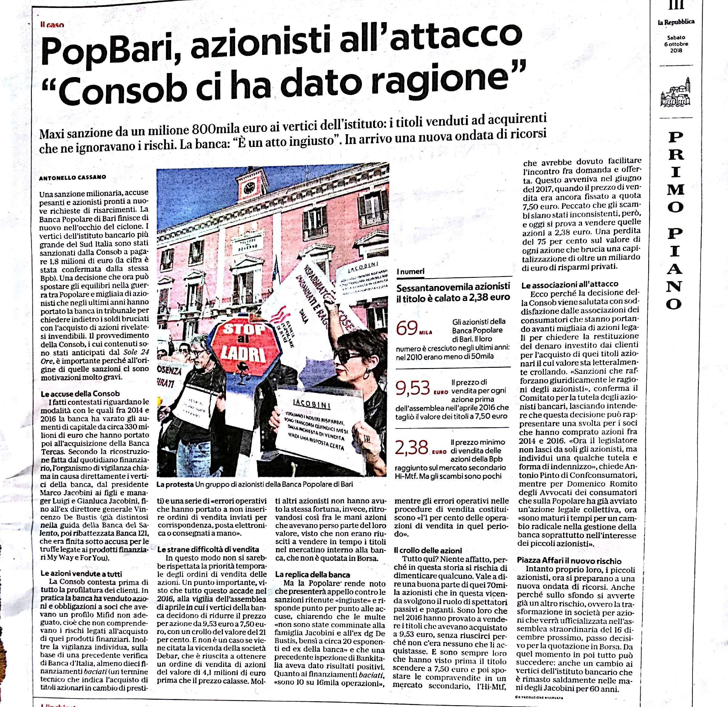 Antonio Pinto intervistato da “La Repubblica”, sulla sanzione comminata dalla Consob a Banca Popolare di Bari