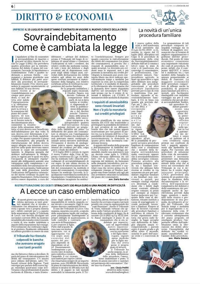 L'articolo sul sovraindebitamento di Dario Barnaba pubblicato dall'Edicola del Sud