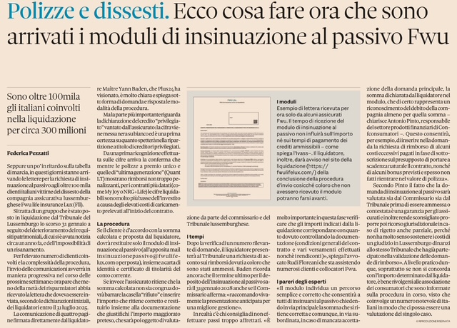 Antonio Pinto sul Sole 24 Ore: come presentare la domanda di insinuazione al passivo della Compagnia assicurativa lussemburghese fallita