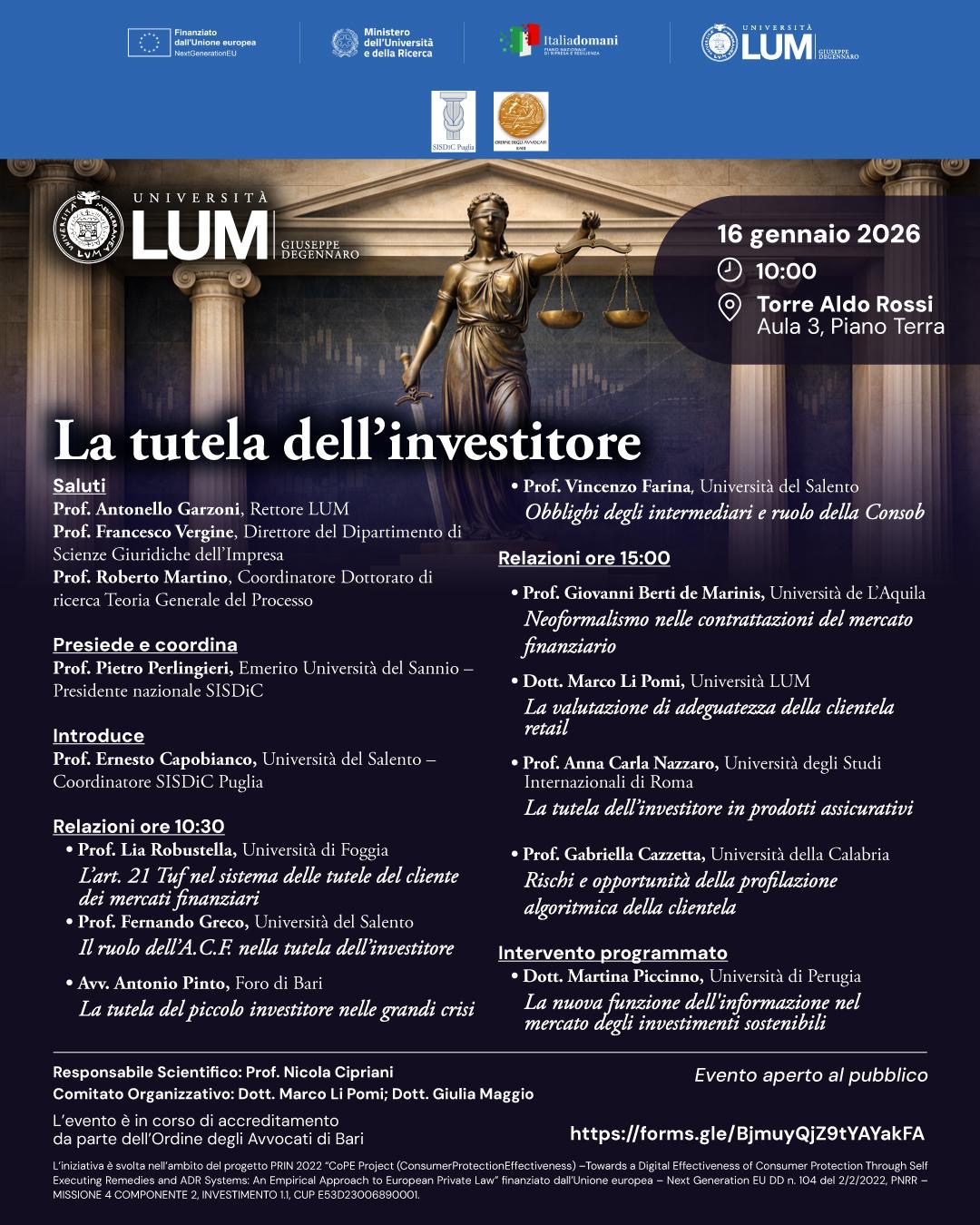 Antonio Pinto, relatore al Convegno “La tutela dell’investitore” : tutela del piccolo risparmiatore nelle crisi finanziarie