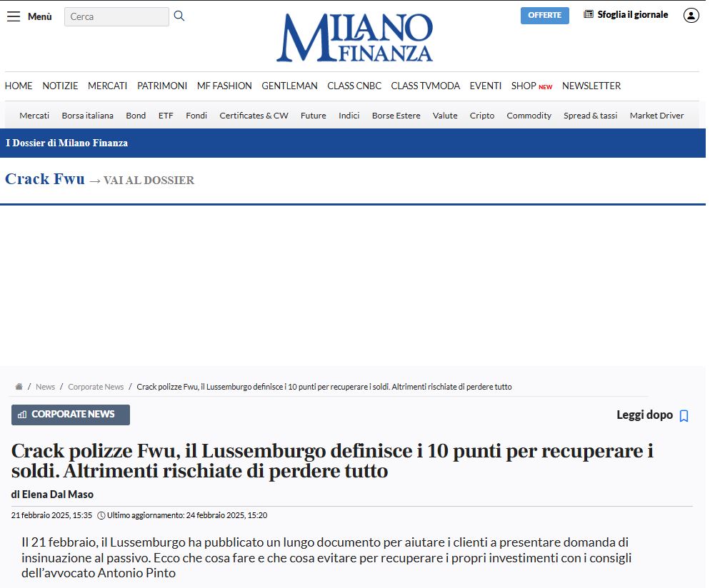 Antonio Pinto intervistato da Milano Finanza sul tema: 
