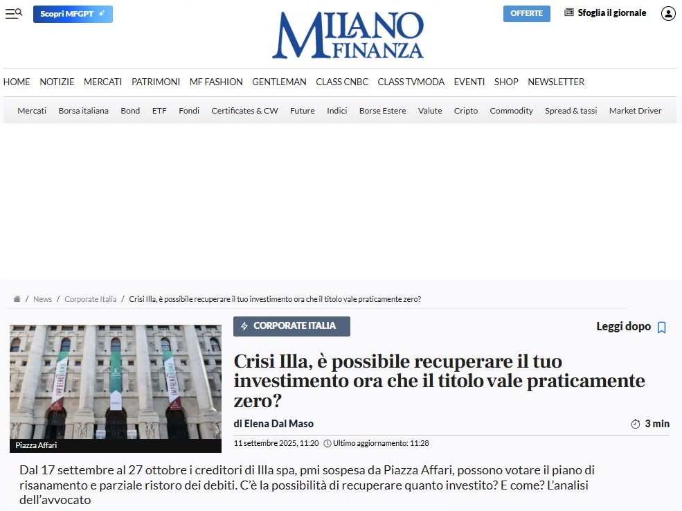 Intervista su Milano Finanza ad Antonio Pinto e ad Andrea Rollo, sulla vicenda dei risparmiatori che hanno investito in ILLA Spa