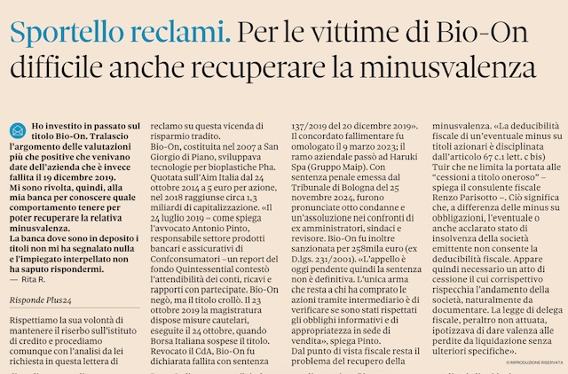 Antonio Pinto intervistato dal Sole 24 Ore sul tema  della vicenda degli azionisti della società BIO-ON