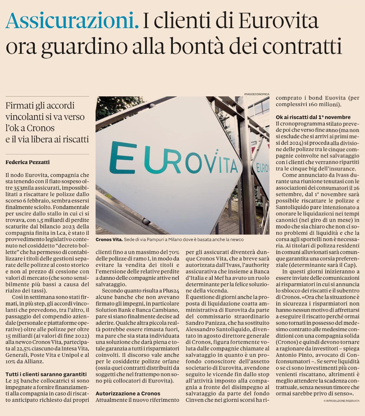 Antonio Pinto intervistato dal Sole24ore del 30.9.23 sulle novità del caso Eurovita, dopo l'accordo fra le Compagnie acquirenti e le banche distributrici delle polizze