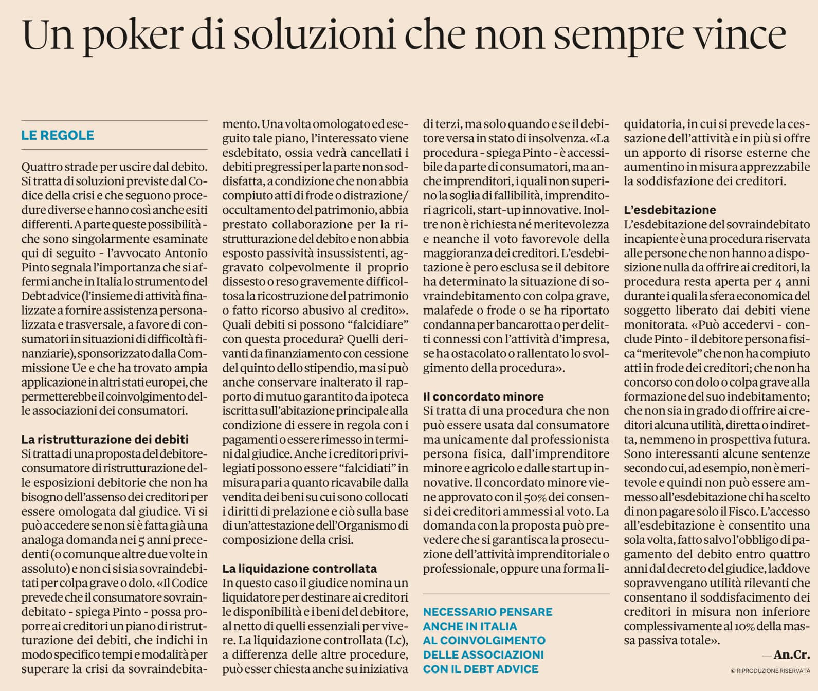 Antonio Pinto intervistato sul Sole24ore del 7.10.23 sul tema del sovraindebitamento di famiglie e PMI