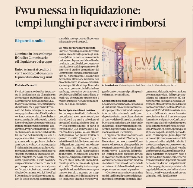 Antonio Pinto intervistato sul Sole 24 Ore sul tema: FWU messa in liquidazione. tempi lunghi per i rimborsi